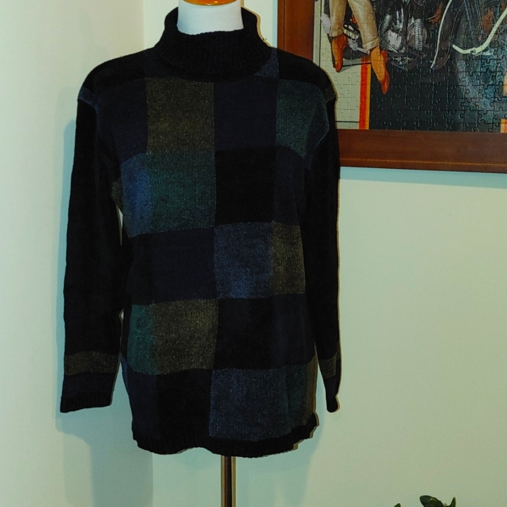 Pointelle chenille block print sweater